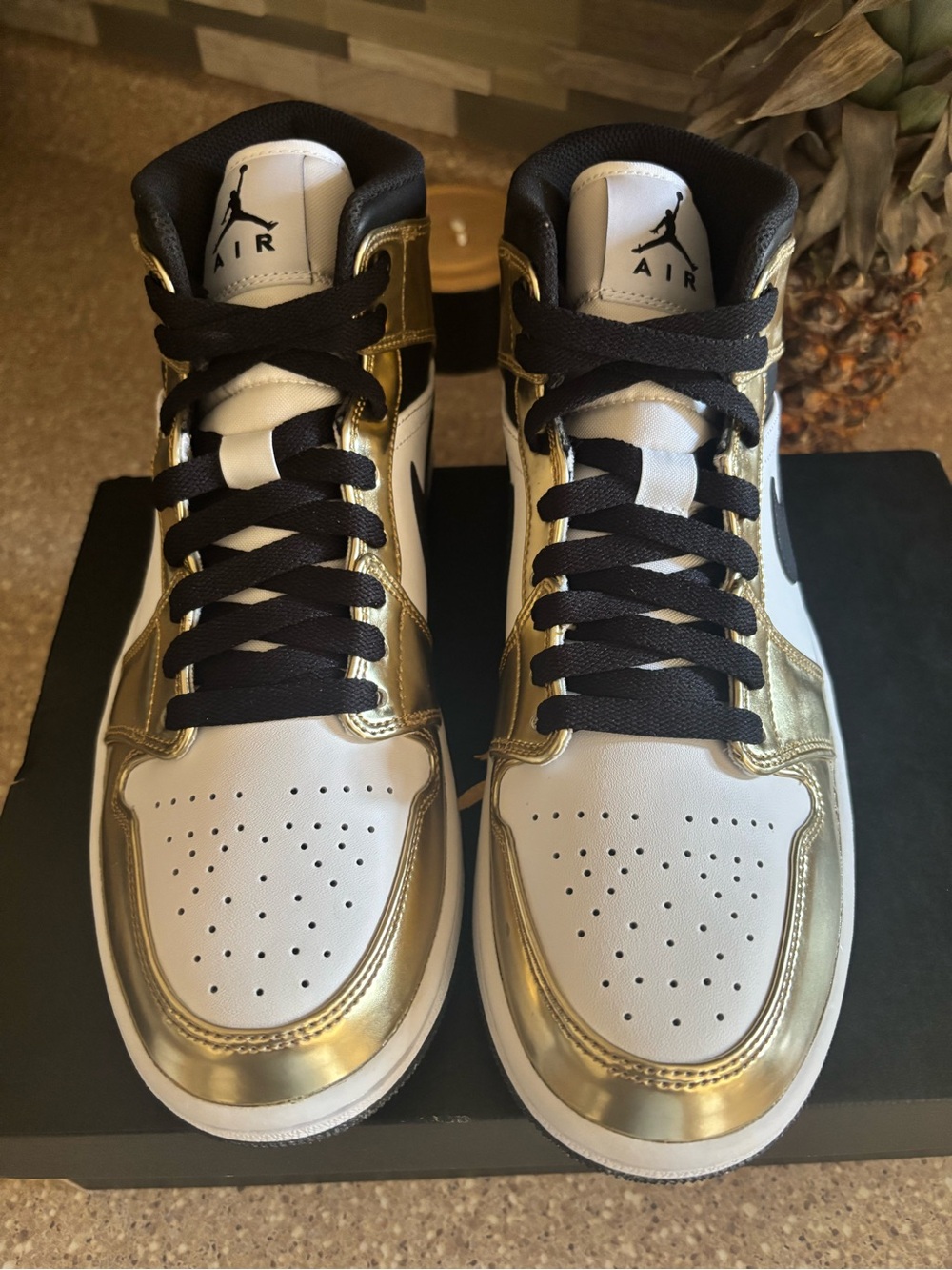 Nike Mid-Top Sneakers in White, Gold and Black